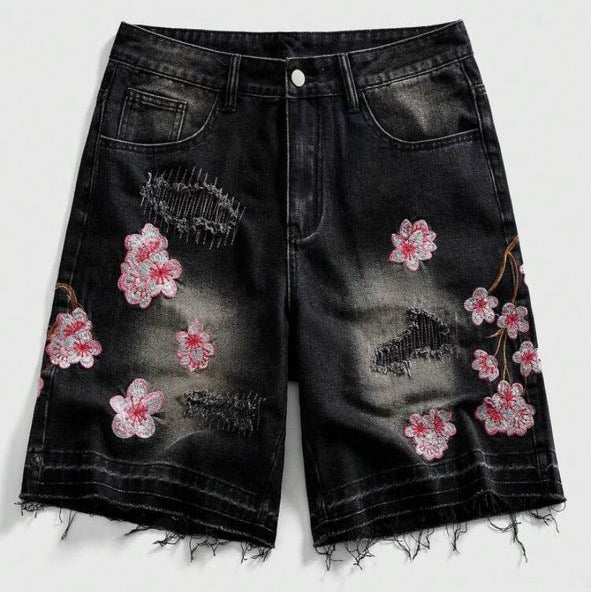 Pantalón Corto Negro con Diseño de Flores Japonesas